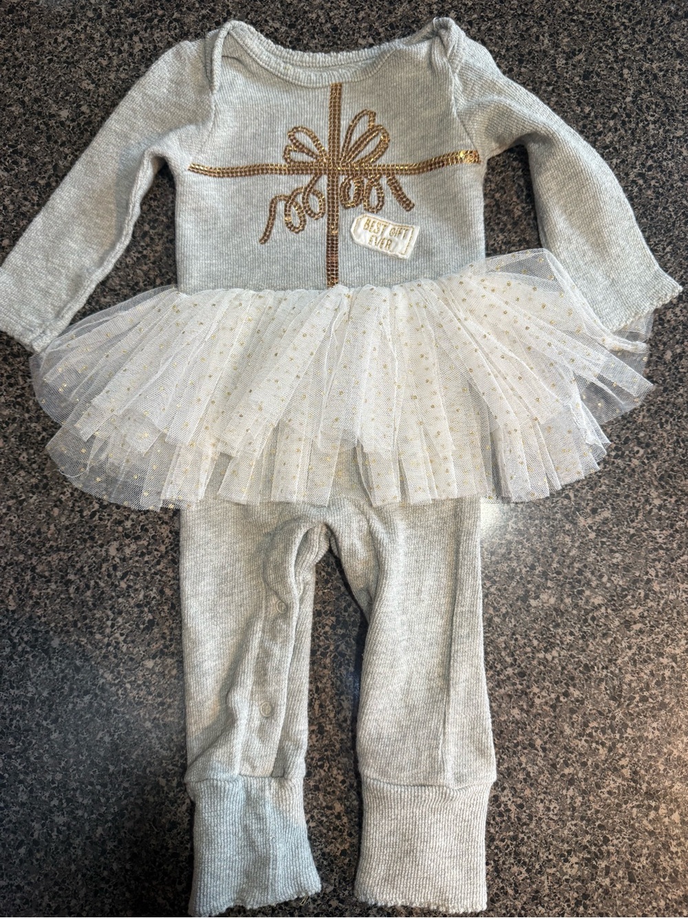 Mud Pie Gray Romper with Gold Bow & Sparkle Tulle